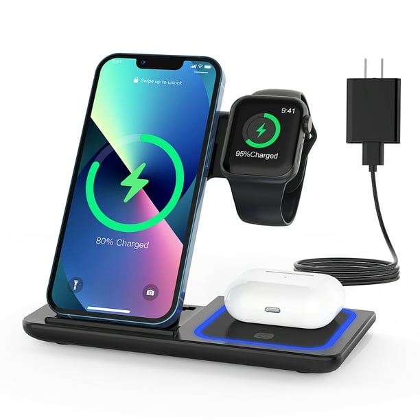 GPED 5 in1 Fast Charging Station Organizer 1 Qi Wireless Charging Pad Charging Station for Multiple Devices Wood USB Docking Station for Apple Watch/iPhone/Airpods/Android 4 USB Port 